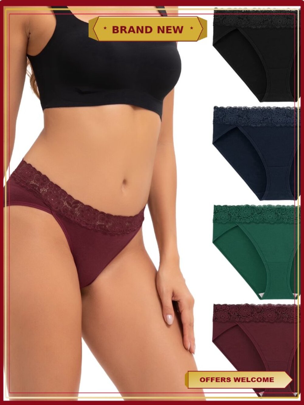 Women's High Cut Lace Bikini Panties Cotton Underwear 4-Pack